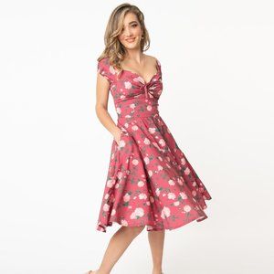 Vintage Style Rose & Pink Floral Print Swing Dress